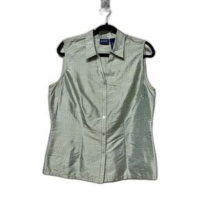 HILLARD & HANSON 100% Silk Taffeta Blue/Green Gingham Blouse, Sz L